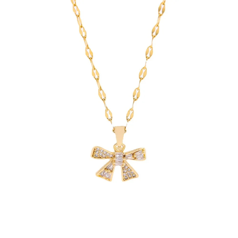 Elegant Gold Plated and Zircon Bowknot Necklace