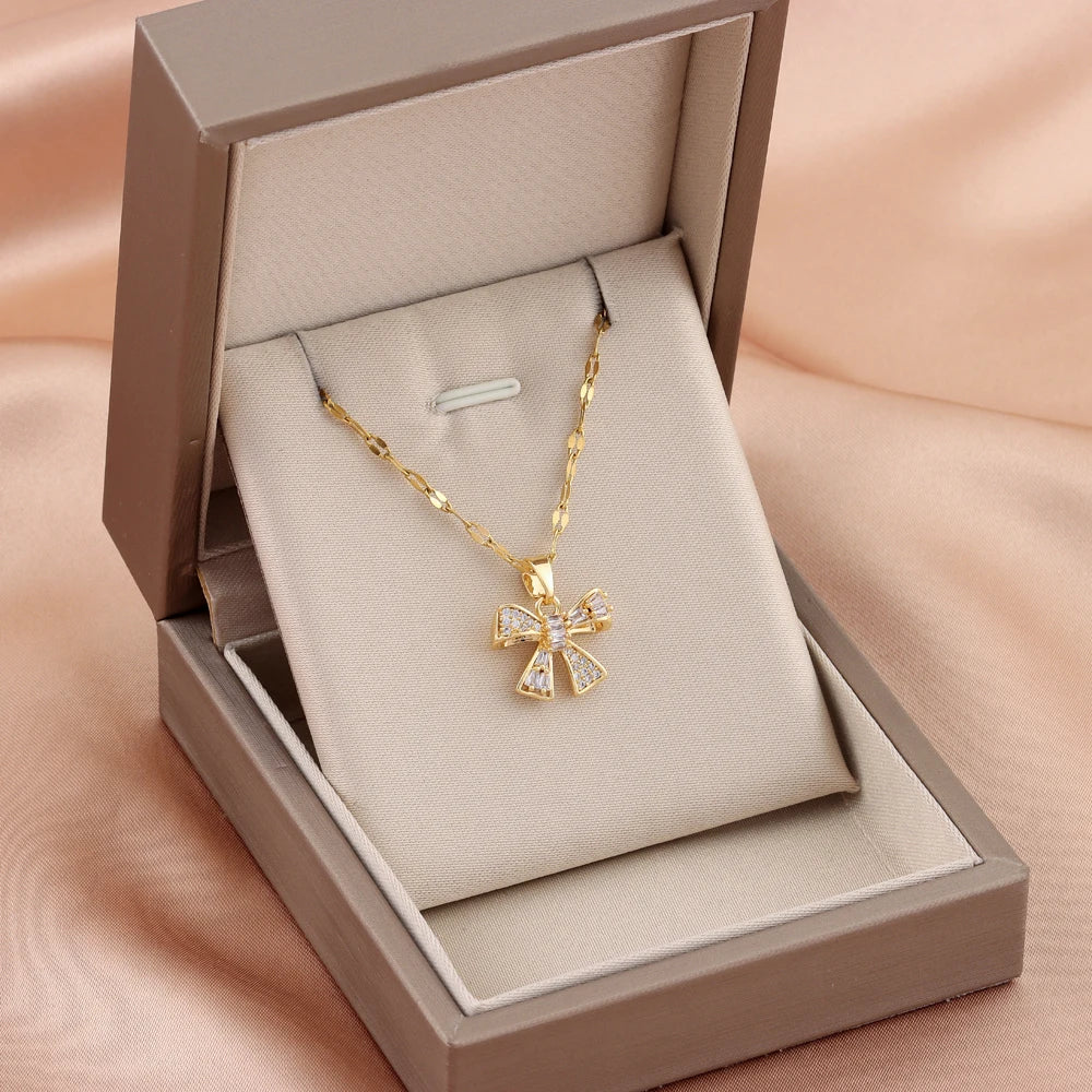 Elegant Gold Plated and Zircon Bowknot Necklace