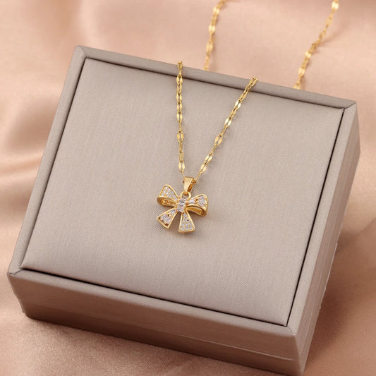 Elegant Gold Plated and Zircon Bowknot Necklace