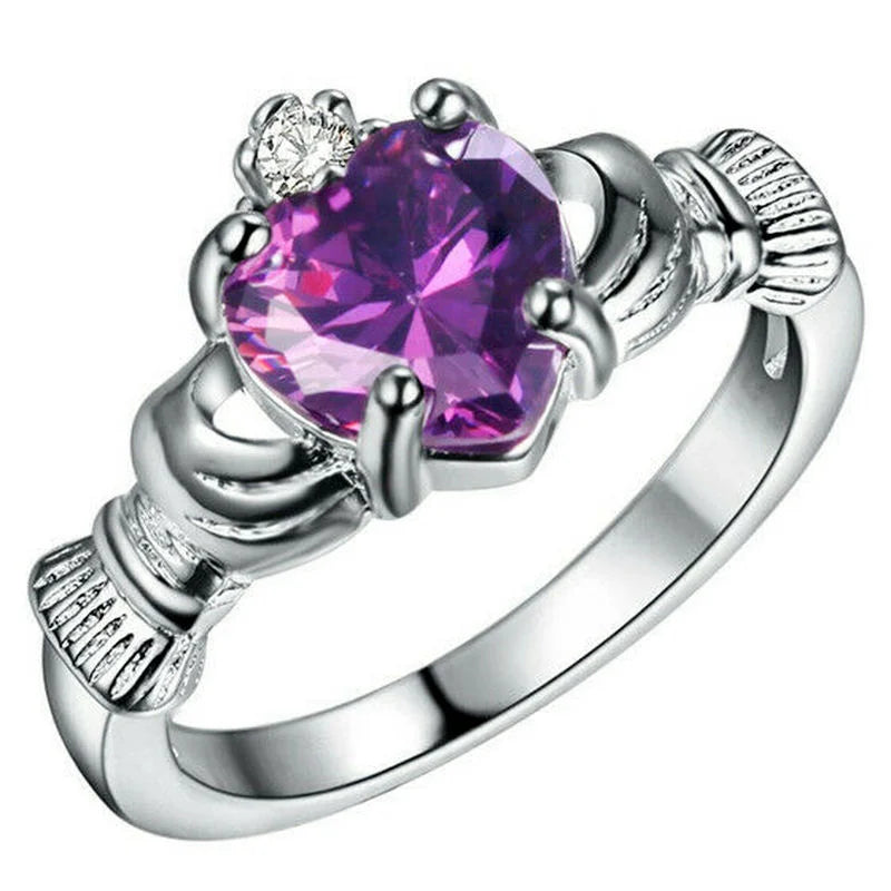 Shimmering Silver Colored Stone Claddagh Ring